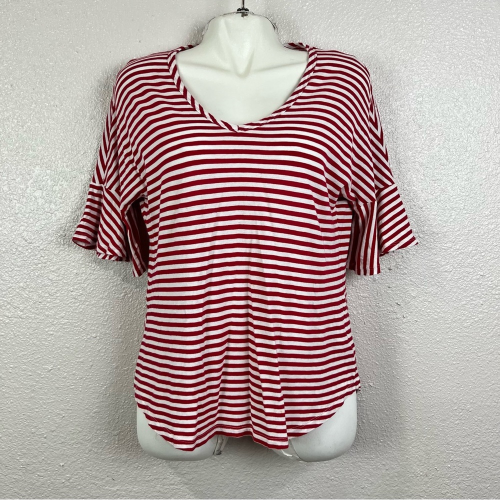 CAbi Women Small Bell 3/4 Sleeve V-neck Comfort Red‎ White Striped Blouse Top - Picture 5 of 13